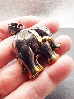 BEST BRAND GOLDEN TIPPED GUNMETAL WALKING ELEPHANT W/ TRUNK UP PENDANT 41